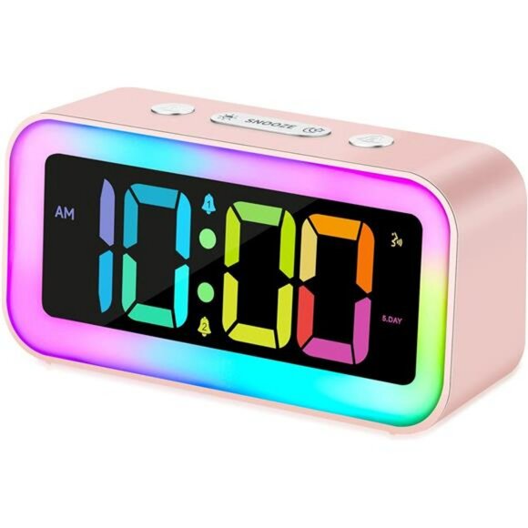 Pink RGB Loud Alarm Clock Night Light for Kids Teens Girls Bedroom Desk - Picture 1 of 7